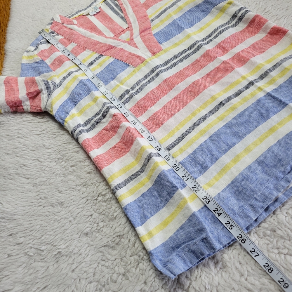 Boden Linen Popover Tunic Top Women's 4 Striped V-Neck Red Blue Yellow White - Picture 7 of 8